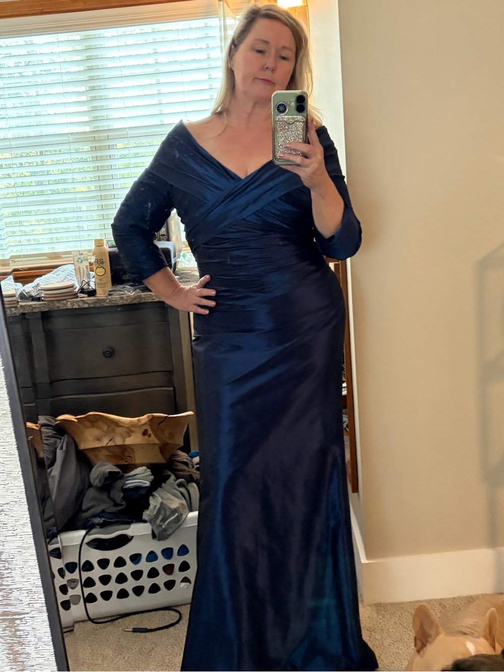 Elegant Navy Blue Satin Taffetas Off-Shoulder Dress Rickie Freeman by Teri John